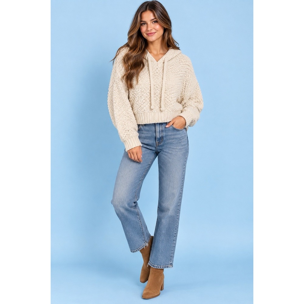 POL Popcorn Knit Hoodie Women's Large Tan Oversized V-Neck Sweater POL15 Boxy